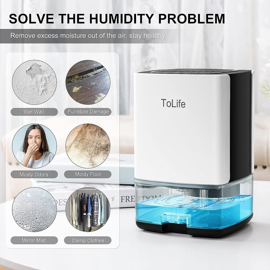 ToLife Dehumidifiers for Home 30 OZ Water Tank with Auto-Off, Portable Small Dehumidifier for Room, Bathroom, Bedroom, RV, Closet 500 sq.ft, 7 Colors LED Light, White