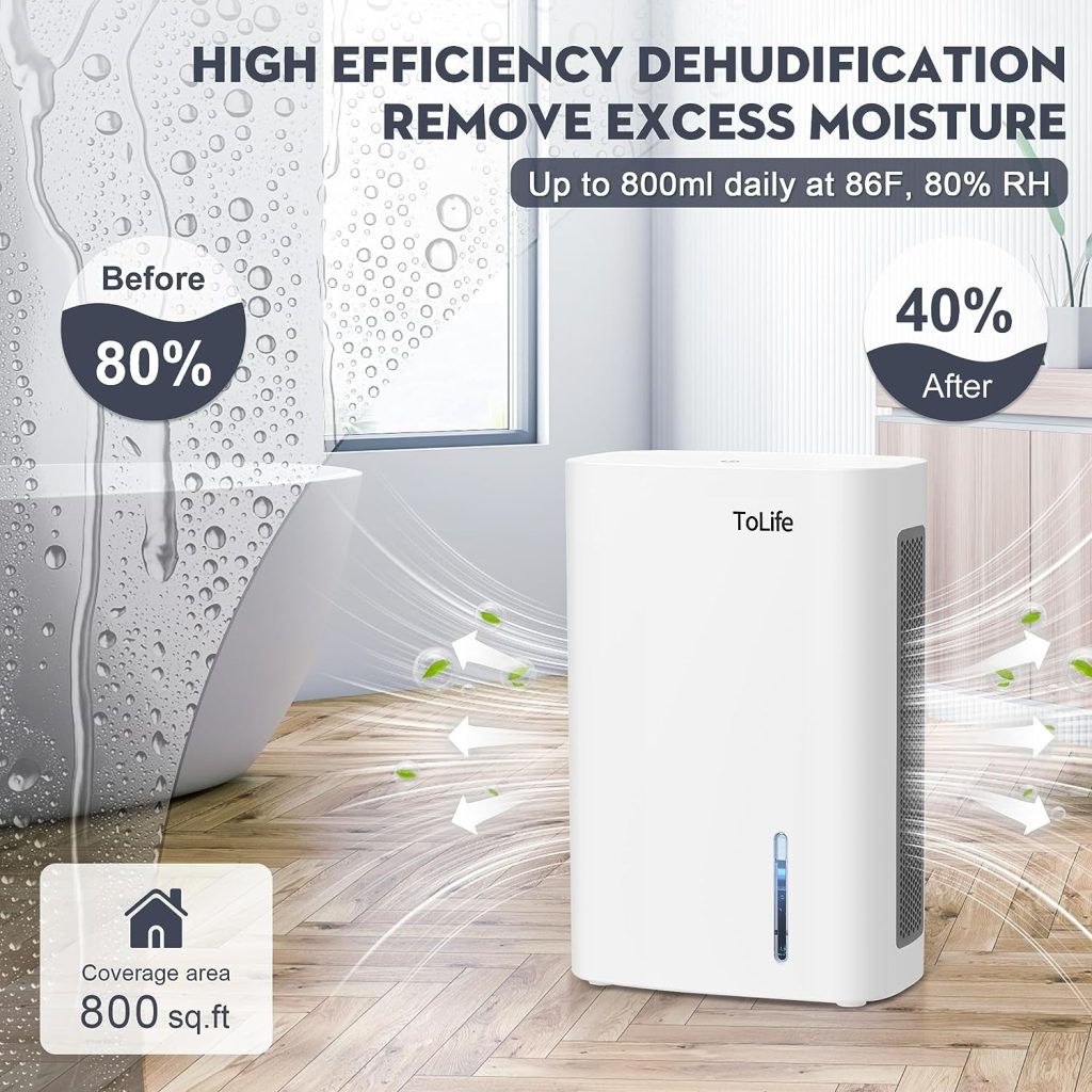ToLife Dehumidifiers for Home, 62 OZ Dehumidifier for Room with Auto Shut Off, Sleep Mode (800 sq. ft) Portable Dehumidifier for Bathroom, Bedroom, Basement, RV, 7 Colors LED Light, White