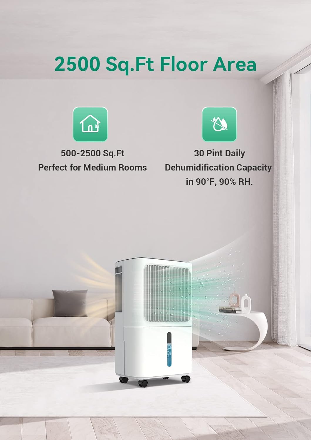 30 Pint Dehumidifiers for Home with Drain Hose, VEAGASO 2,500 Sq.Ft Dehumidifier for Basement, Large Room, Bathroom, Three Operation Modes, Intelligent Humidity Control, Dry Clothes, 24HR Timer