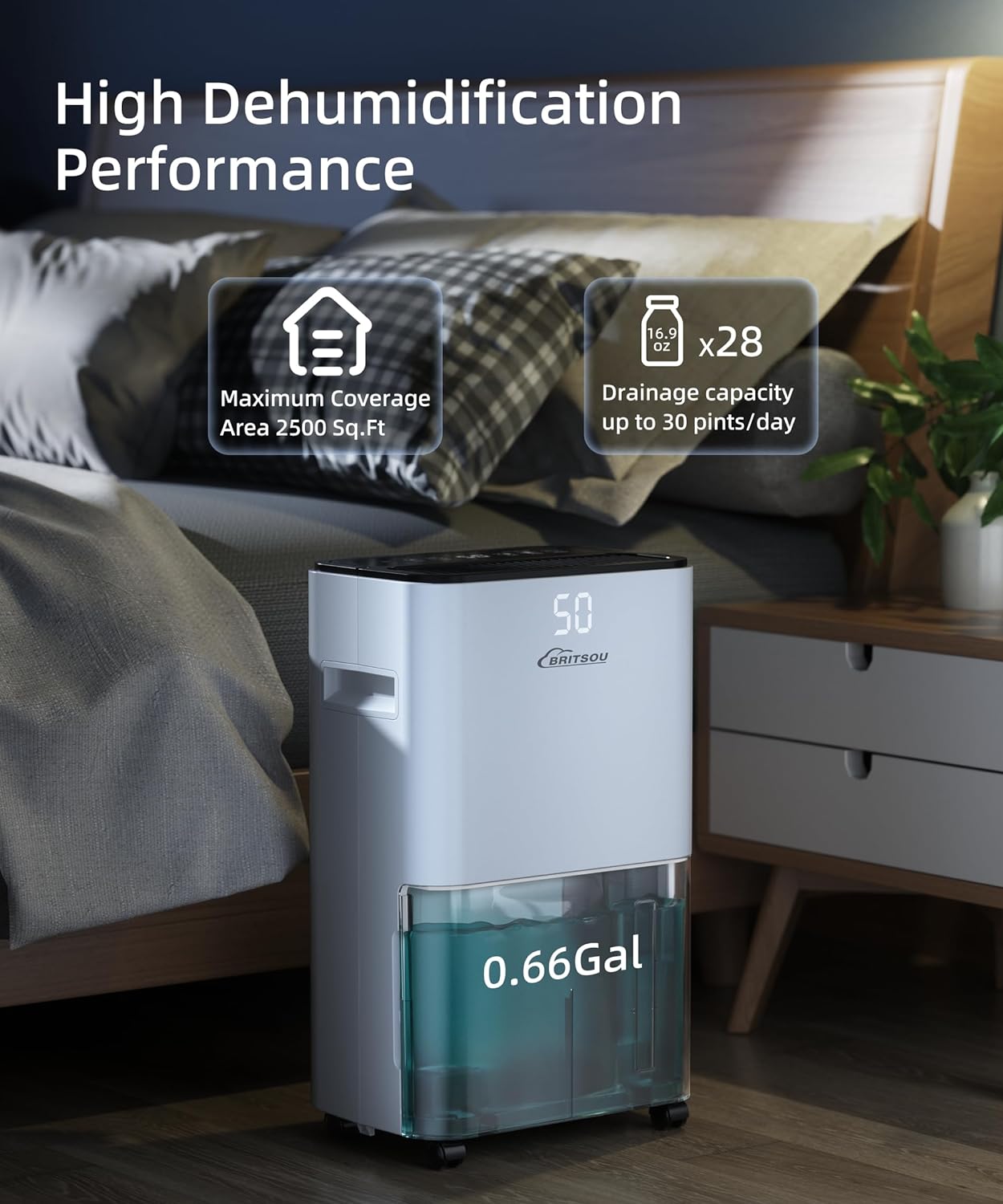 Dehumidifier 2500 Sq. Ft 30 Pint BRITSOU Dehumidifiers for Home Basements Bedroom Bathroom with Drain Hose | Quiet Dehumidifier for Medium to Large Room | Dry Clothes Mode | Intelligent Humidity Control with 24HR Timer