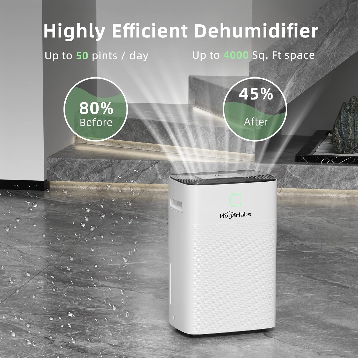 HOGARLABS 30 Pint Dehumidifiers Up to 2000 Sq Ft for Continuous Dehumidify, Home Dehumidifier with Digital Control Panel and Drain Hose for Basements, Bedroom, Bathroom. White